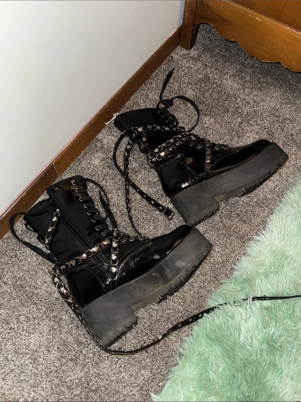 Sugar Thrillz Black Patent Platform Combat Boots with Studded Wrap Straps